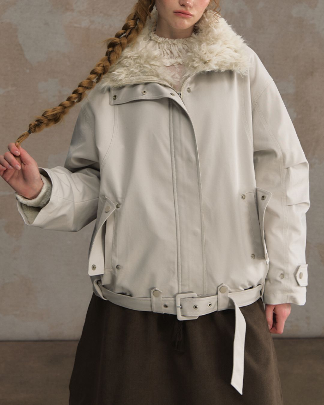 Belted Fur-lined Twill Jacket　JK064