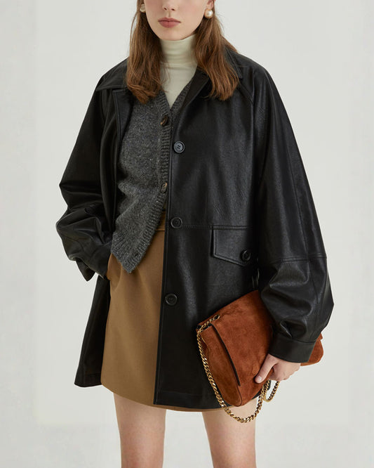 Mid-length Collared Leather Jacket　JK036