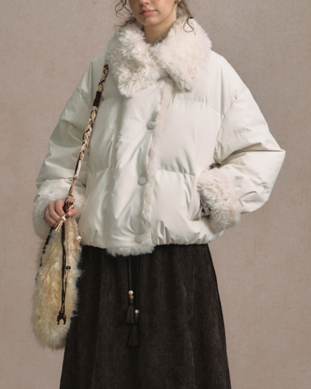 Asymmetrical Fur Short Down Jacket　JK065