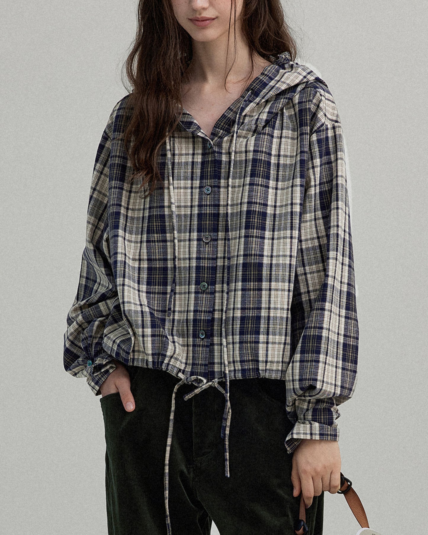 Hooded Drawstring Checked Shirt　LS018