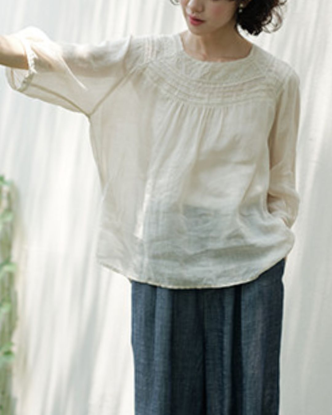 Lace Square Neck Ramie Shirt　LS062