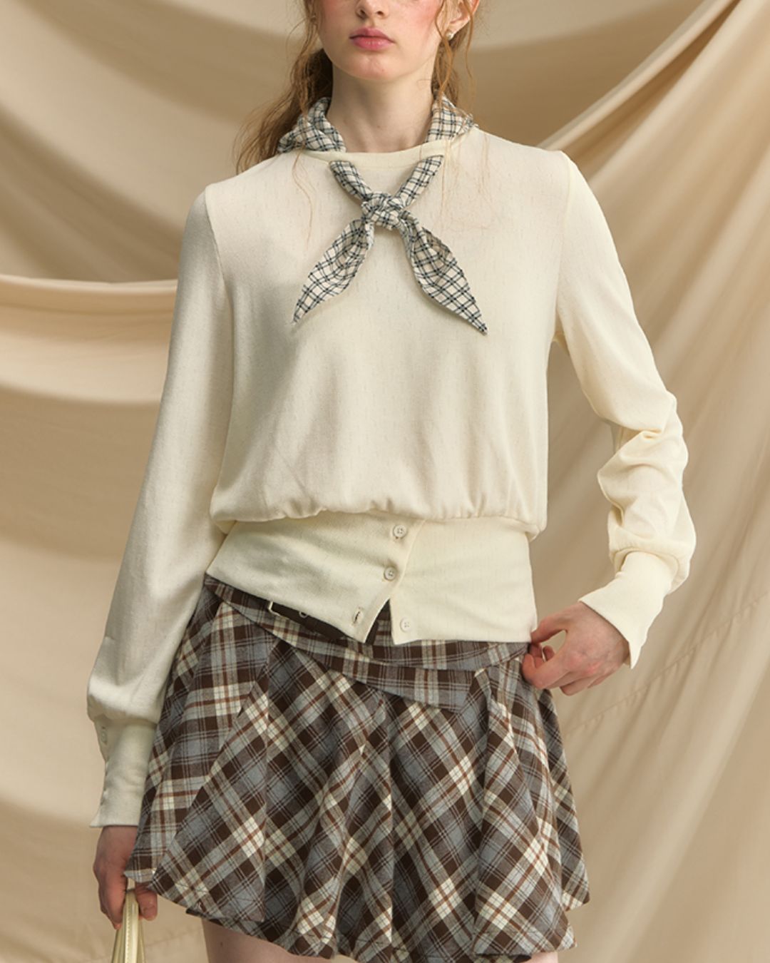 Checkered Scarf Buttoned Top　LT005